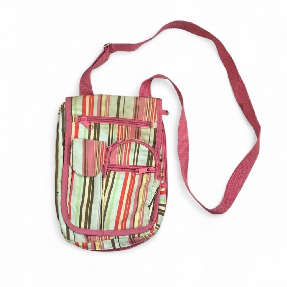 Y2K 2000s Pink Striped Crossbody Mini Messenger Preppy Cargo Bag Shoulder Purse